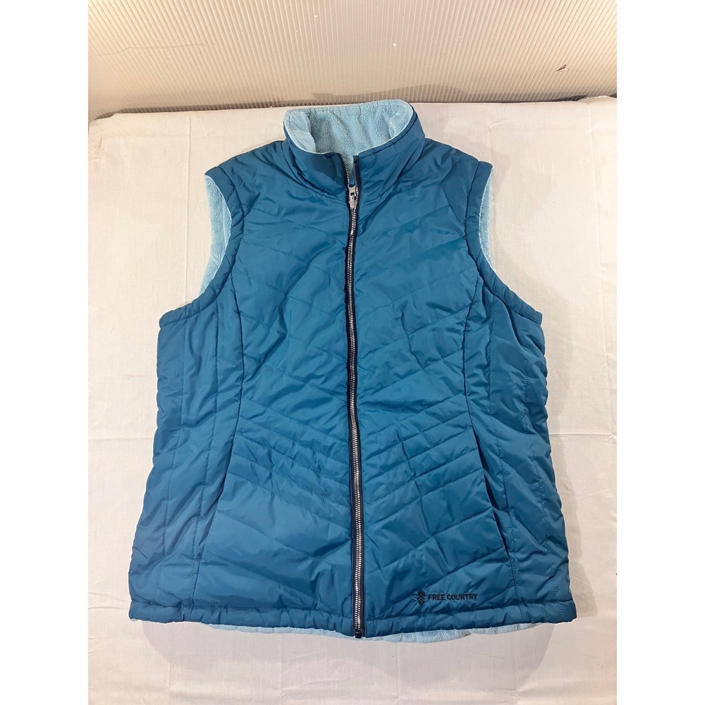 Free Country Reversible Womens Vest Teal Blue Fleece Puffer Quilted Size L